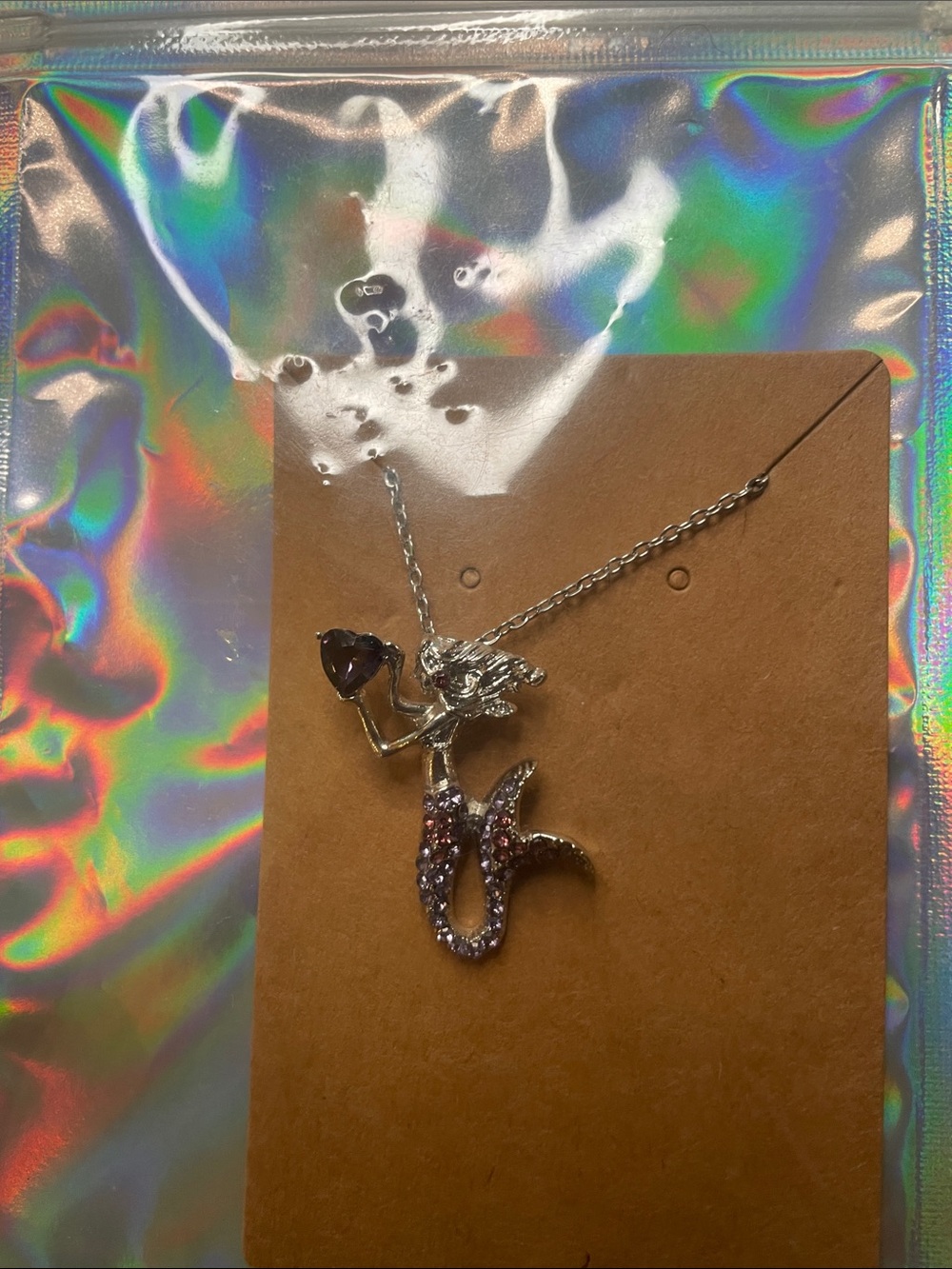 Silver Mermaid Pendant Necklace with Purple Accents